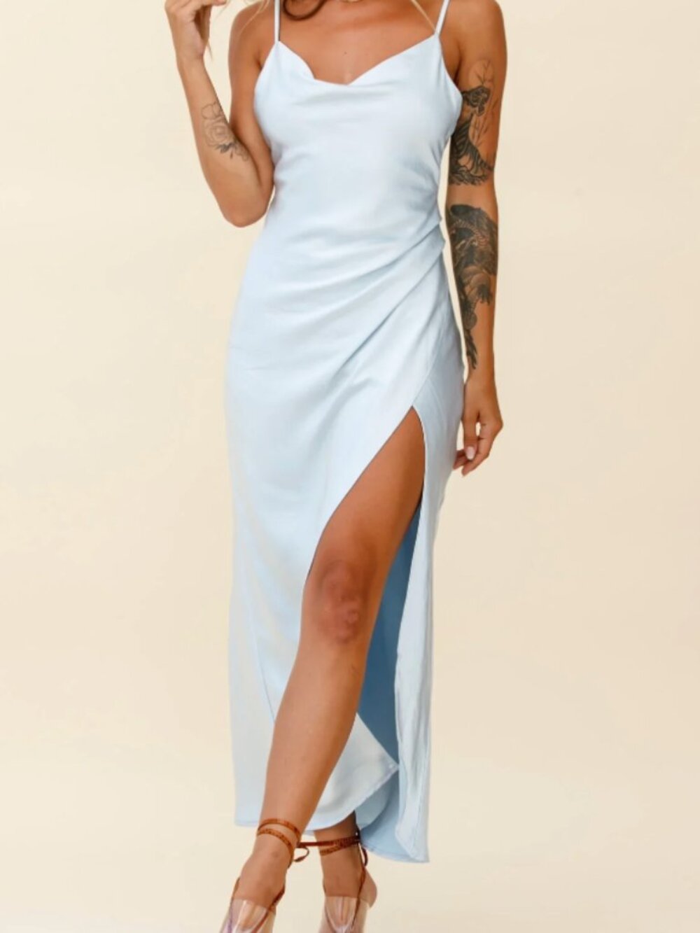 Hey Girl Long Satin Cowl Neck Dress Steel Blue